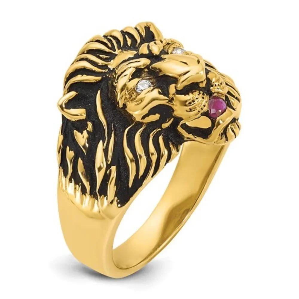 10k IBGoodman Men's Diamond and Ruby Antiqued Lion Complete Ring